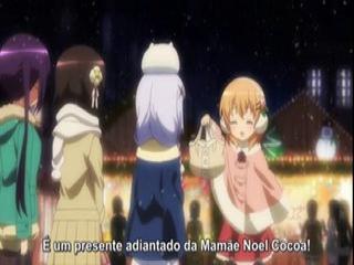 Gochuumon wa Usagi Desuka? - Episodio 11 - A garota veste um casaco vermelho e dirige uma equipe de coelhos em todo o céu de noite de véspera de Natal